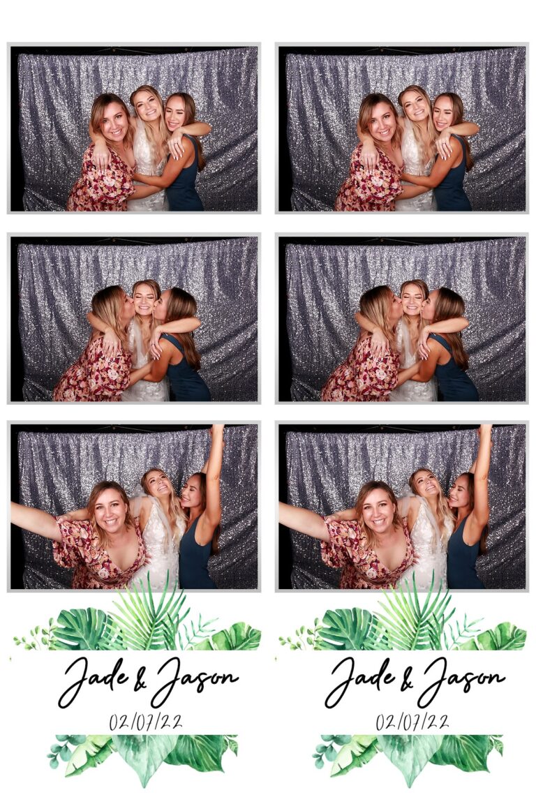 Tropical leaf wedding template design with three photo booth photos