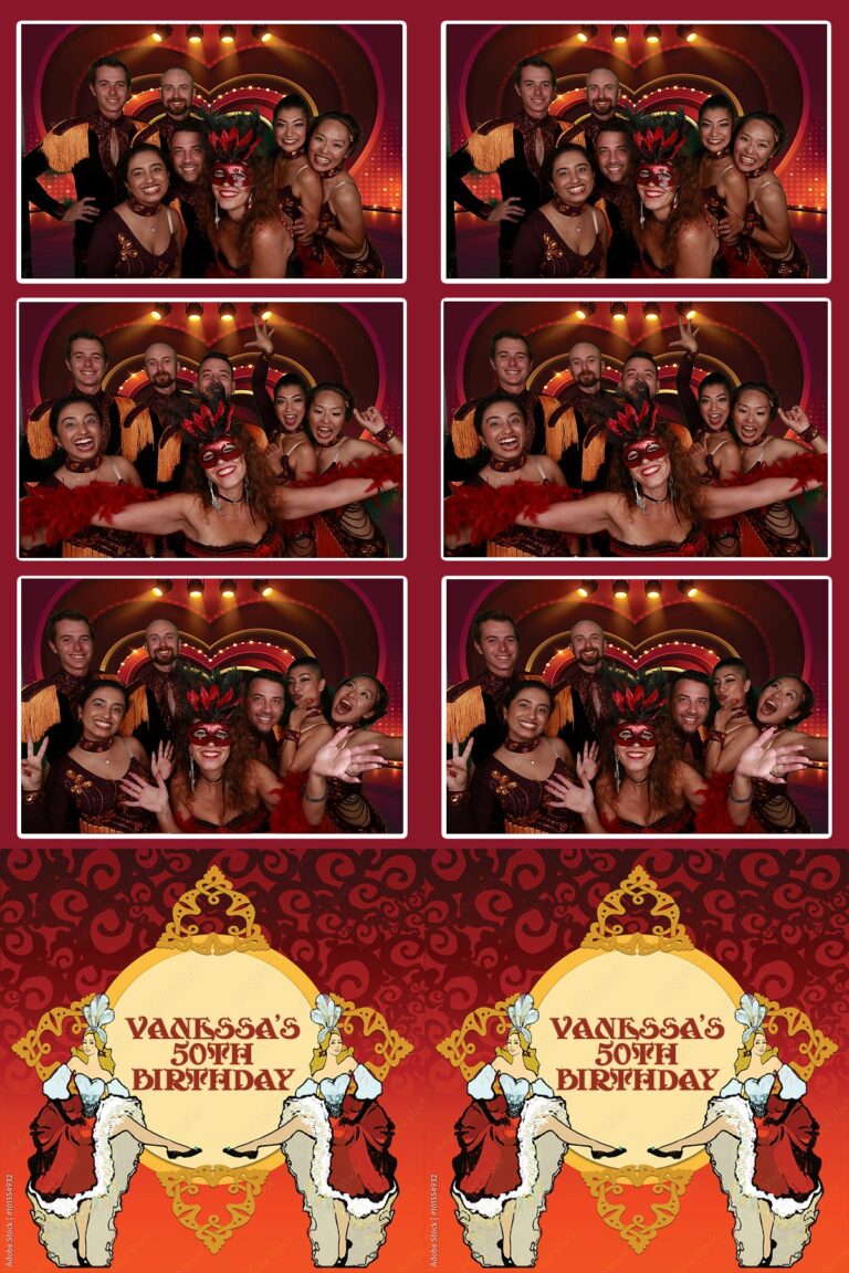 Burlesque photo booth template with digital background and three photos of friends