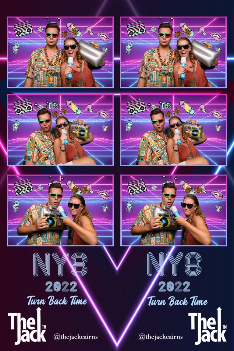 2022 New years eve celebration with 80s photo booth theme with three photos of a couple with props